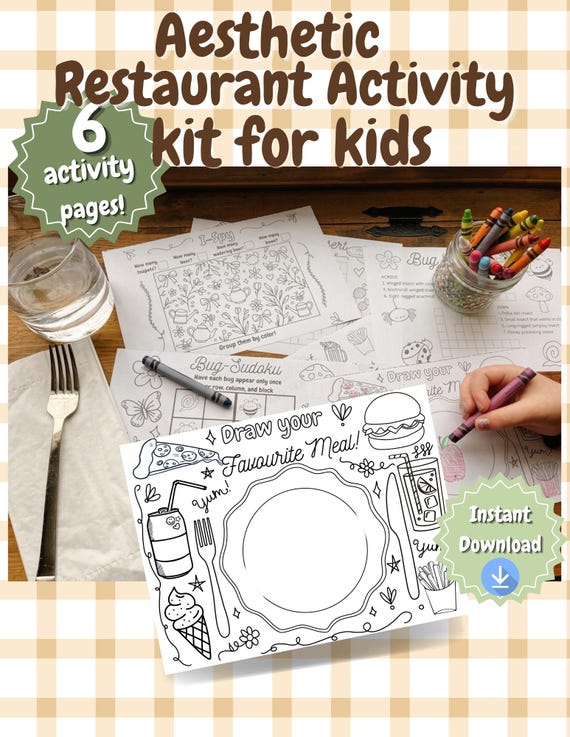 Aesthetic Restaurant Activity Kit For Kids | Travel Diaper Bag Busy Pack | Screen-Free Entertainment | 6 Printable Pages