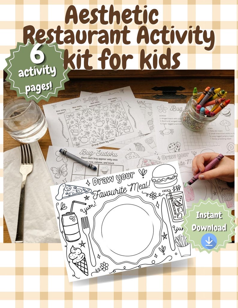 Aesthetic Restaurant Activity Kit For Kids | Travel Diaper Bag Busy Pack | Screen-Free Entertainment | 6 Printable Pages image 1