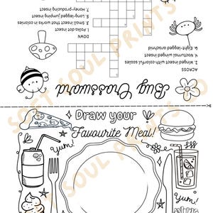 May include: Black and white line art activity sheet featuring a crossword puzzle titled "Bug Crossword" and a prompt to "Draw your Favourite Meal!" Includes illustrations of insects, food items, and a blank plate.
