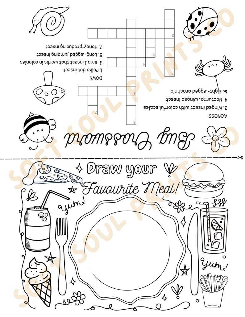 May include: Black and white line art activity sheet featuring a crossword puzzle titled "Bug Crossword" and a prompt to "Draw your Favourite Meal!" Includes illustrations of insects, food items, and a blank plate.