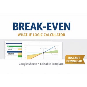 May include: A white graphic with the words "BREAK-EVEN WHAT-IF LOGIC CALCULATOR" in blue and black. The image includes a graph and the words "Google Sheets • Editable Template" and "INSTANT DOWNLOAD".