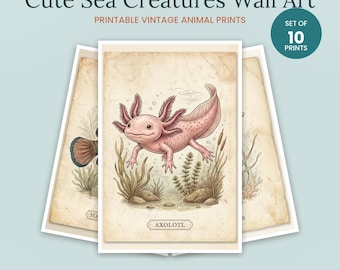 Vintage Sea Creatures Wall Art Set | 10 Ocean Animal Prints, Facts (Digital Download)