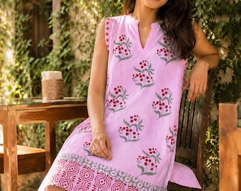 Babyroze katoenen blokprint Kurta | Mouwloze midi-jurk met bloemenprint, boho bedekking