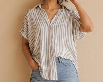 Striped Cotton Flex Oversized Shirt | Relaxed Fit Boho Blouse, Summer Beach Top