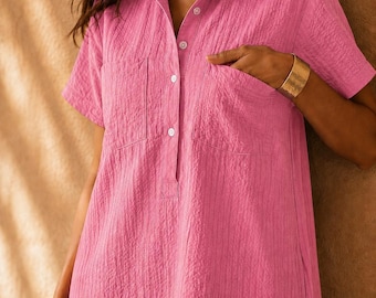 Seersucker Cotton Midi Dress | Women's Collared Shirt Dress, Summer Boho Wear