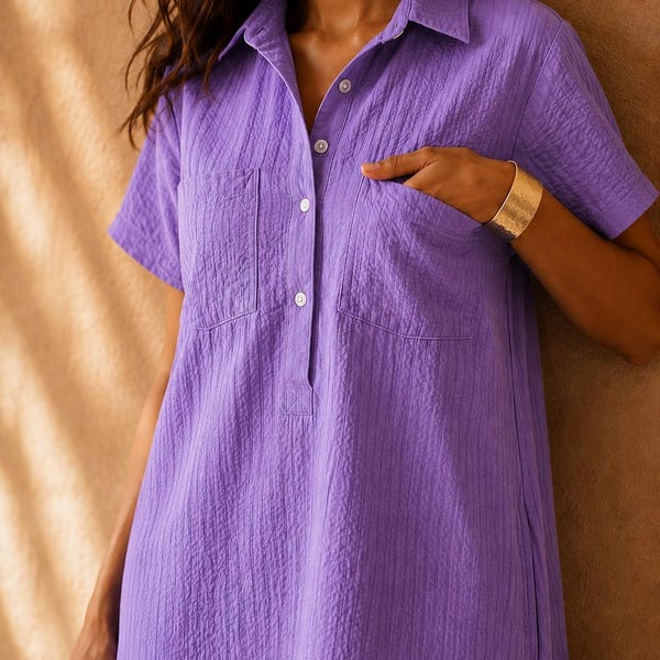 Seersucker Cotton Midi Dress | Women's Collared Shirt Dress, Summer Boho Wear