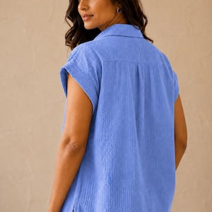 Seersucker Cotton Blouse | Women's Boxy Cap Sleeve Summer Shirt