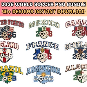 Op de afbeelding: Een verzameling voetbalontwerpen voor het Wereldkampioenschap 2026. Elk ontwerp toont de naam van een land, vlagdetails, een voetbal en het jaar 2026. Landen zijn onder meer de Verenigde Staten, Mexico, Canada, Engeland, Frankrijk, Schotland, Brazilië, Argentinië en Algerije.