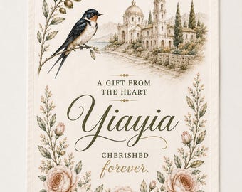 May include: A rectangular cream-coloured tea towel featuring a swallow perched on a branch, a Mediterranean-style building, and floral borders. The text reads: A GIFT FROM THE HEART, Yiayia, CHERISHED forever. The design includes soft pink and green tones.