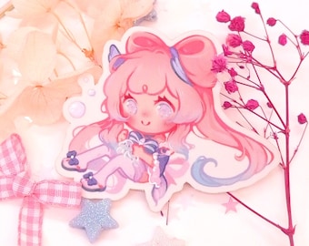 May include: A pink and blue cartoon character with a bow in her hair, wearing a pink dress and holding a blue and white object. The character is surrounded by white and pink flowers and stars.