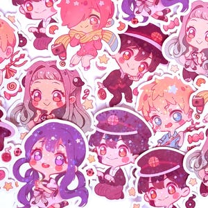 Holografische Hanako-kun-stickers op het toilet