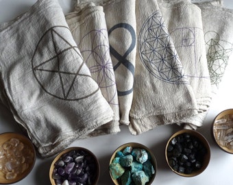 CRYSTAL GRID CLOTHS --- set of 3 -- choose any 3 designs--- 100% cotton, all natural, sacred geometry, grid templates