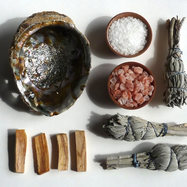 COMPLETE SMUDGE and CLEARING Set -- palo santo wood, sage, abalone shell, sea salt - smudging set, clearing tools, house warming