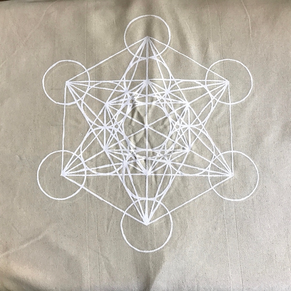 XL METATRON'S CUBE---  Crystal Grid Cloth -- white ink  --- 100% cotton, natural textile, sacred geometry grid template, alter cloth