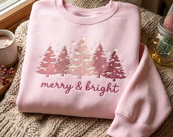 Besticktes rosa Weihnachts-Sweatshirt mit fröhlichem Spruch, festliches Weihnachtsoutfit, Weihnachtsgeschenk für Damen