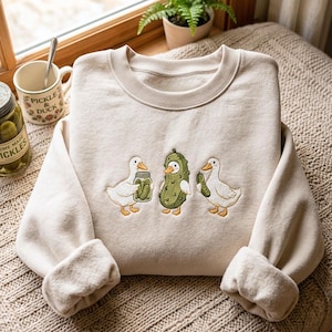 Embroidered Duck and Pickle Sweatshirt – Cozy Cotton Blend Pullover, Foodie Goose Gift