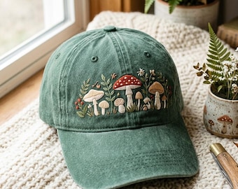 Gewaschene Baumwollmütze mit Pilz-Stickerei im Forest Woodland Style