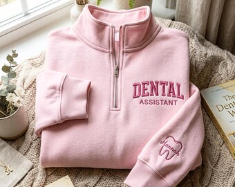 Custom Dental Assistant Embroidered Quarter Zip Sweatshirt, Dentistry Graduation Clothes, Future Dentist Sweater, Cool Dental Student Outfit