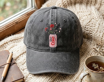 Washed Cotton Cap with Embroidered Diet Coke Can – Floral Design