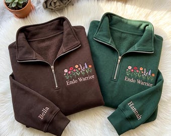 Custom Embroidered Quarter Zip Sweatshirt: "Endo Warrior" Floral Design, Cotton Blend Comfort