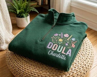 Embroidered Quarter Zip Sweatshirt: Personalized Floral Name Design
