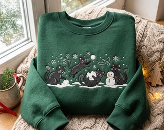 Embroidered Black Cats Snowman Sweatshirt – Cozy Cotton Blend Winter Apparel, Christmas Cat Shirt
