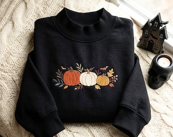 Mock Neck Embroidered  Fall Pumpkin Sweatshirt, Autumn Fall Shirt, Thanksgiving Shirt, Pumpkins Shirt