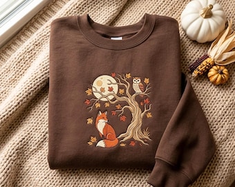 刺繍入りキツネファミリースウェットシャツ、森のフクロウ、秋の月、コテージコアトップス