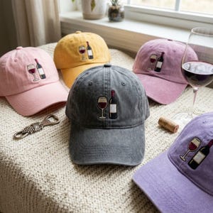 Washed Cotton Cap with Wine Bottle Embroidery – Adjustable Dad Hat, Cocktail Style