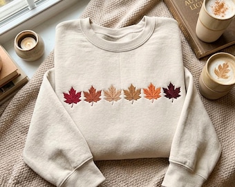 Embroidered Maple Leaf Sweatshirt – Cozy Cotton Blend Fall Apparel