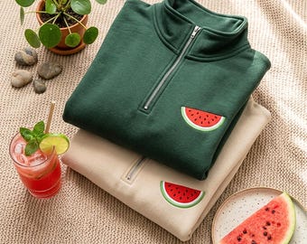 Watermelon Embroidered Quarter Zip Sweatshirt, Cotton Blend Pullover Top