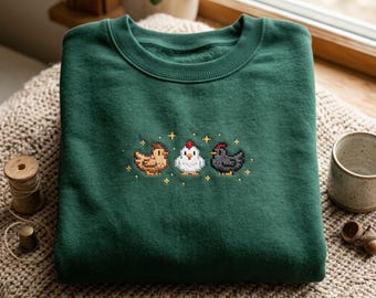 Embroidered Stardew Valley Chicken Sweatshirt, Pixel Art Farmcore Gamer Sweater