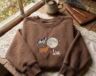 Sudadera vintage de los 90 con bordado de vaca aullando a la luna, regalo retro de animales de granja y estilo country western.