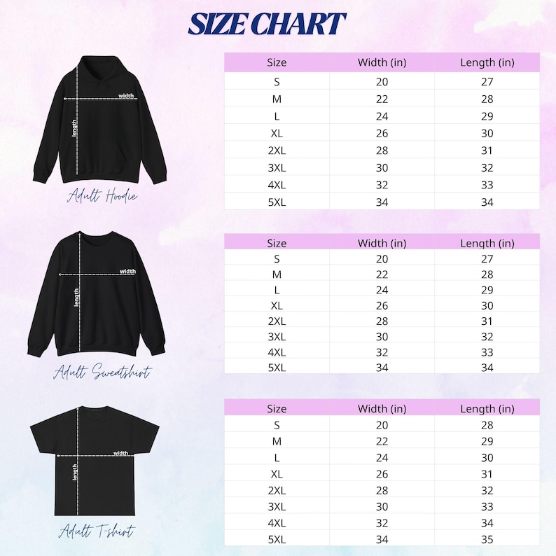 Op de afbeelding: Een maattabel voor kleding met drie zwarte kledingstukken: een hoodie, een sweatshirt en een t-shirt. Elk item is gekoppeld aan een tabel met maten van S tot 5XL, inclusief breedte- en lengtematen in inches.