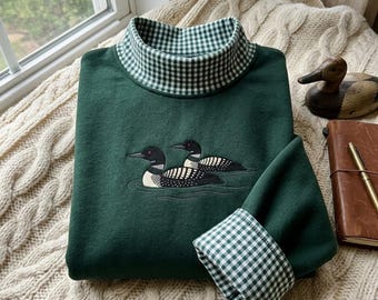 Gingham Mockneck Embroidered Loon Bird Sweatshirt, Wildlife Lake Sweater, Bird Watcher Gift, Loon Sweatshirt, Outdoor Wildlife Apparel