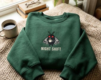 Embroidered Mothman Cryptid Sweatshirt, Funny Night Shift Coffee Shirt, Spooky Paranormal Gift, Cute Mothman Shirt
