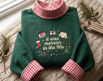Kariertes Sweatshirt mit Stehkragen und Stickerei „It Was Merrier In The 90's“, festliches Weihnachtsshirt, Retro-Weihnachts-VHS-Kassetten-Sweatshirt mit Rundhalsausschnitt