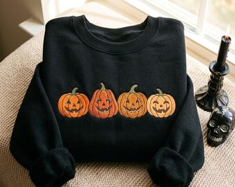 Sweat-shirt brodé citrouille – Col rond en coton mélangé pour Halloween