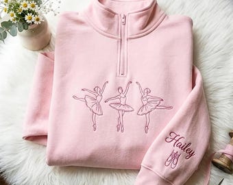 バレエダンサー刺繍入りクォータージップスウェットシャツ – 名前入れオプションあり、ダンス教師へのギフト