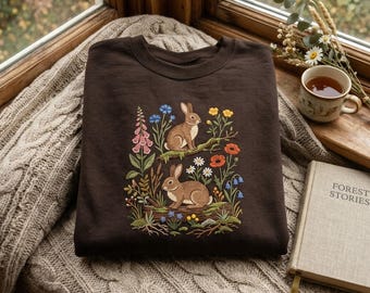 Embroidered Whimsical Rabbit Floral Sweatshirt, Cottagecore Bunny Tee, Nature Lover Gift for Her, Spring Anima