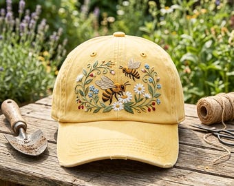 Gorra de algodón lavado bordada con abejas y flores – Talla única