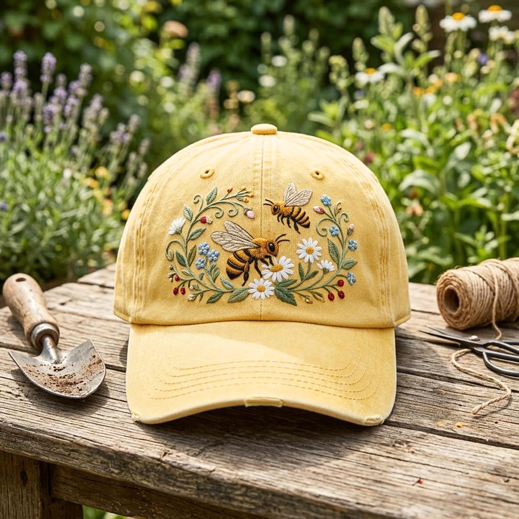 Embroidered Washed Cotton Cap With Bees and Flowers – One Size