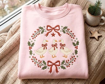 Sudadera navideña vintage de los 80 con ganso bordado / Camiseta retro estilo cottagecore de Comfort Colors con ganso para las fiestas
