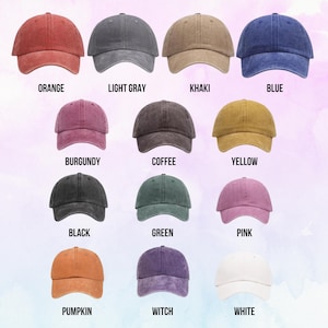 May include: A collection of fourteen baseball caps in various colors including orange, light gray, khaki, blue, burgundy, coffee, yellow, black, green, pink, pumpkin, witch, and white. Each cap features a curved brim and a structured crown.