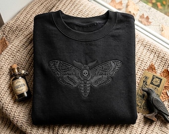 Embroidered Death's Head Hawkmoth Sweatshirt, Moth Skull, Oversized, Women, Mens