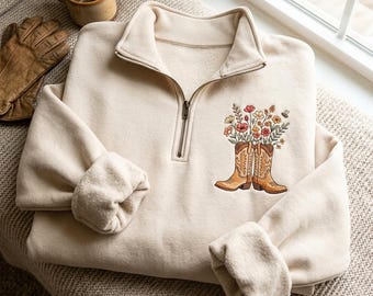Moletom com zíper até o peito, bordado com botas de cowboy e estampa floral – Confeccionado em mistura de algodão aconchegante, estilo country, ideal para fãs de rodeio.