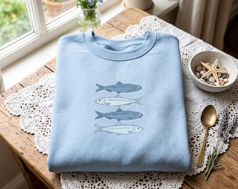 Retro-Sweatshirt mit Sardinenstickerei, Vintage-Sardinen-Shirt, lustiges Fisch-T-Shirt
