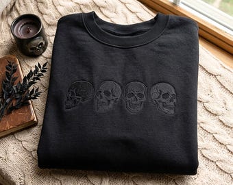 Sweatshirt mit Totenkopfstickerei, Gothic-Halloween-Rundhalsausschnitt, Gruselbekleidung