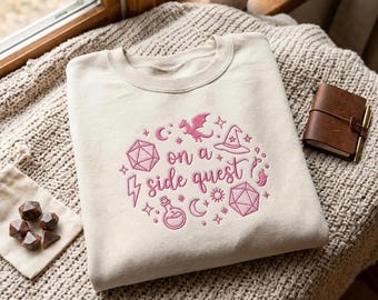 Embroidered DnD Side Quest Sweatshirt, Whimsical Fantasy Gamer Tee for Women