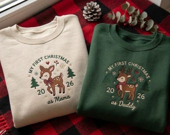 Moletom personalizado bordado "Meu primeiro Natal como mamãe e papai", camiseta personalizada com estampa de rena para mamãe e papai, presente de Natal